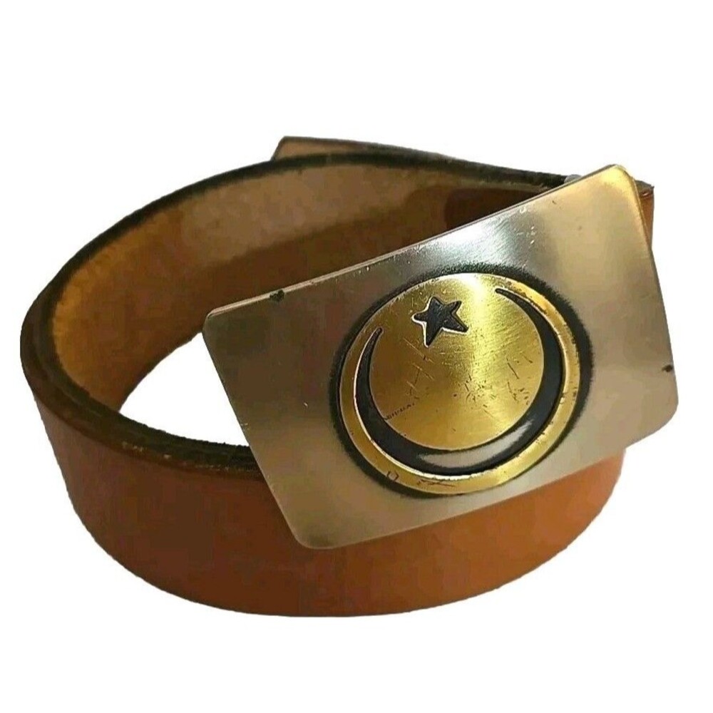 Walter Dyer German Silver Crescent Moon Buckle Belt Brown Leather VTG